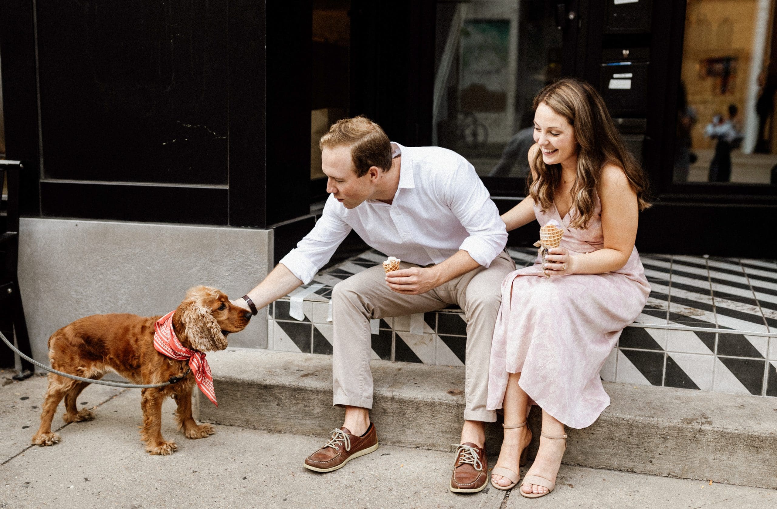 Jen and Jack during their Chicago engagement session outside Jeni’s Ice Cream, photographed by Meg Thompson Photography.