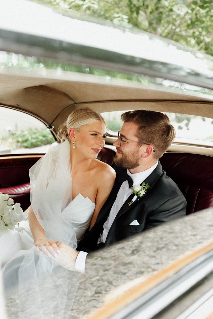 Samantha and Ryan celebrating their wedding day with portraits in Lockerbie Square, Indianapolis.